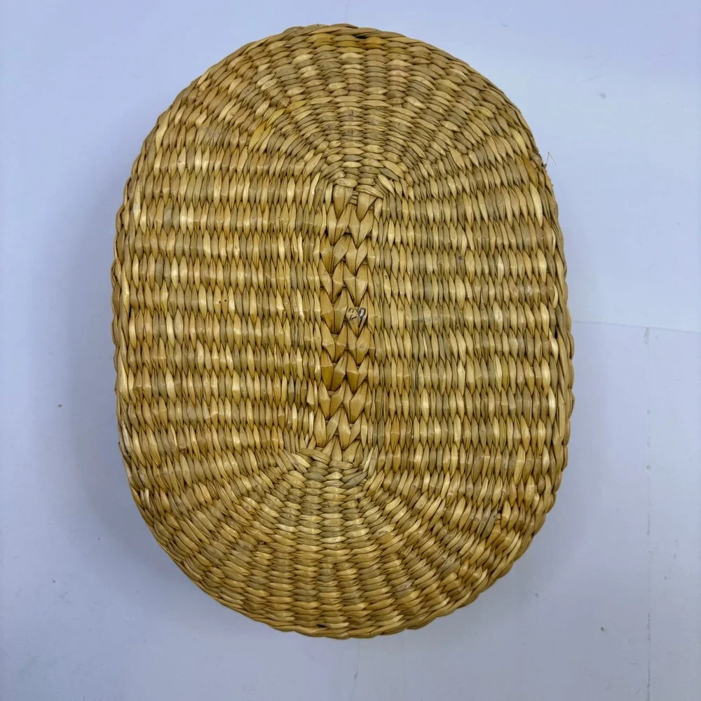 Two Vtg Hand Woven Basket Set Round Multicolored Splint and Oval Lidded Seagrass